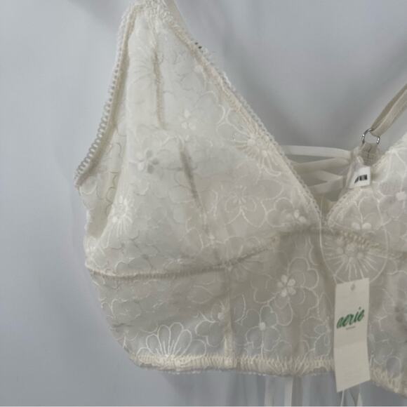 AERIE Bralette Size Medium Lace Embroidered Longline Bra Corset Cream Flower NWT - Picture 6 of 13